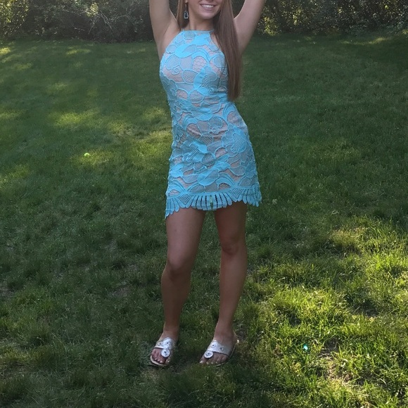 Love Triangle Lace High Neck Mini aqua Dress ASOS - Picture 8 of 8